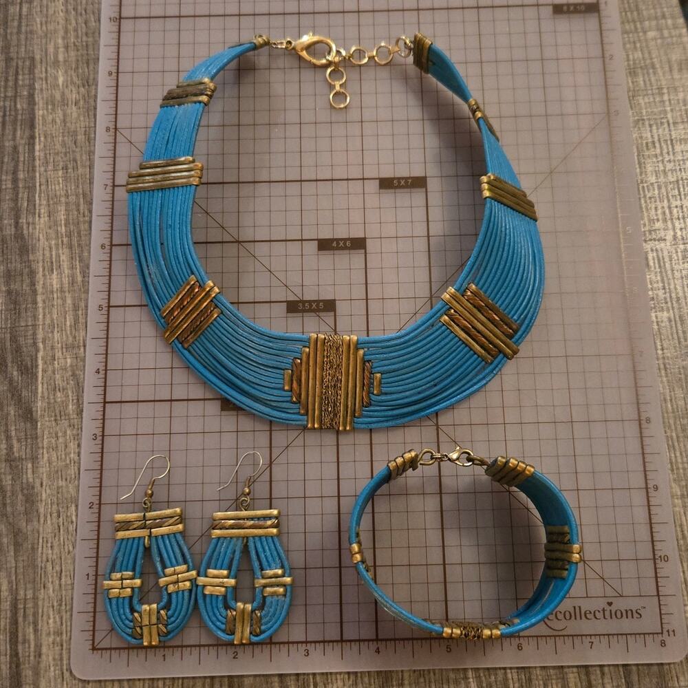 VTG Egyptian Revival Turquoise Gold Bib Choker Necklace Earring Bracelet Set